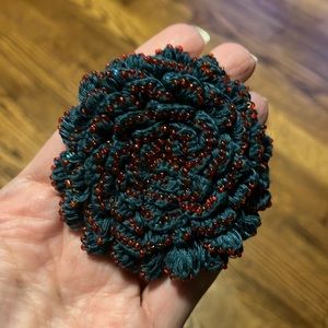 NWOT Hand Knit Beaded Flower Pin Fair Trade Blue/Red